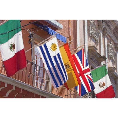 Mexico, Guanajuato Flags displayed from balcony